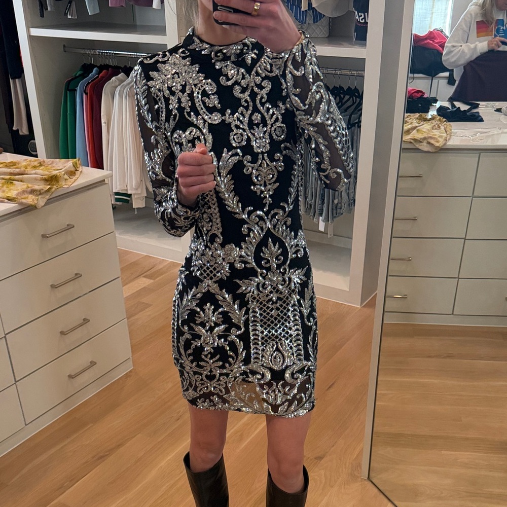 Black Sequin Embellished Long Sleeve Mini Dress